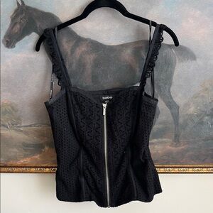 Bebe Black Eyelet Lace Zip-Up Blouse